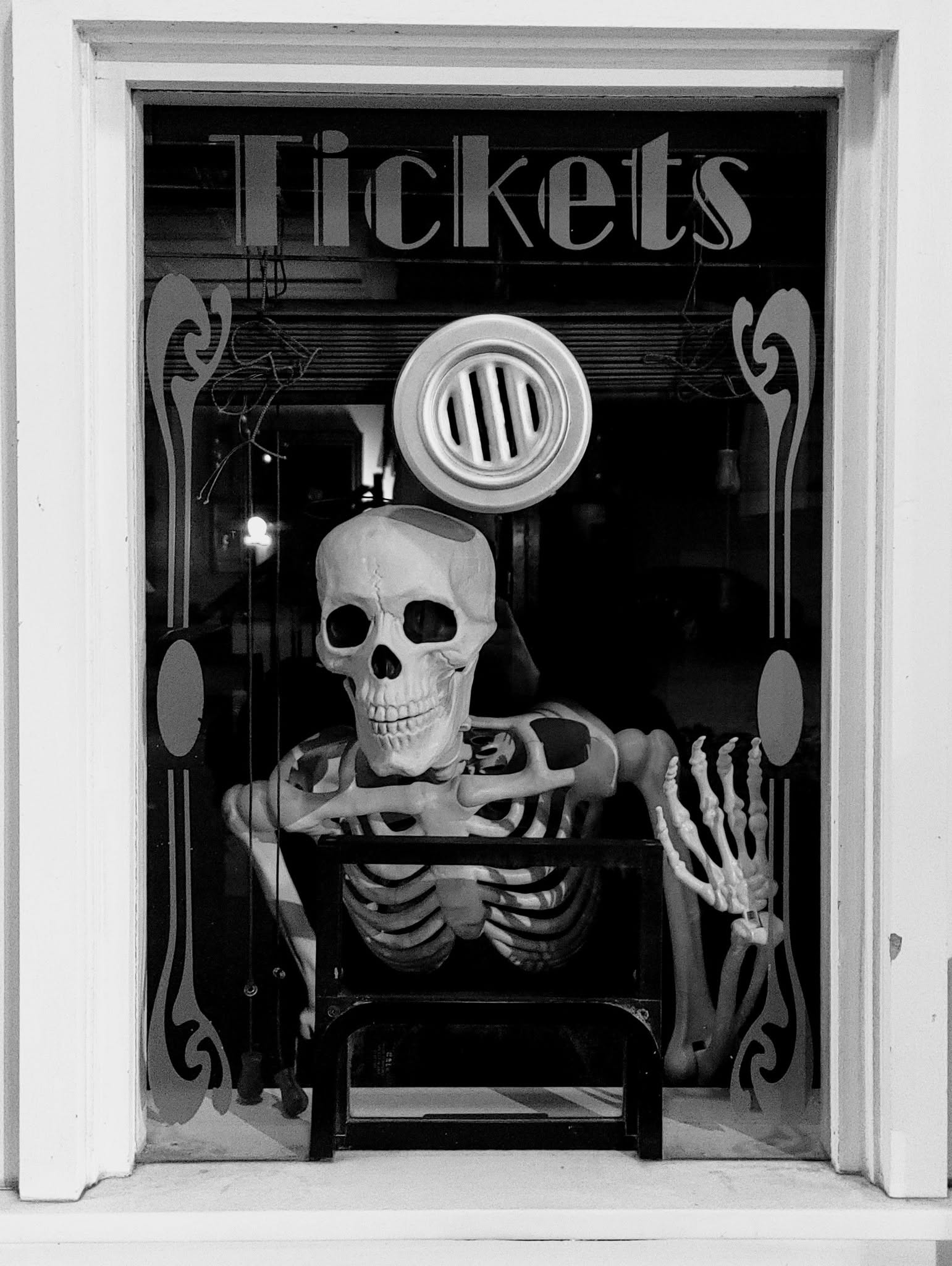 Skeleton in the box office at the Antioch Theatre