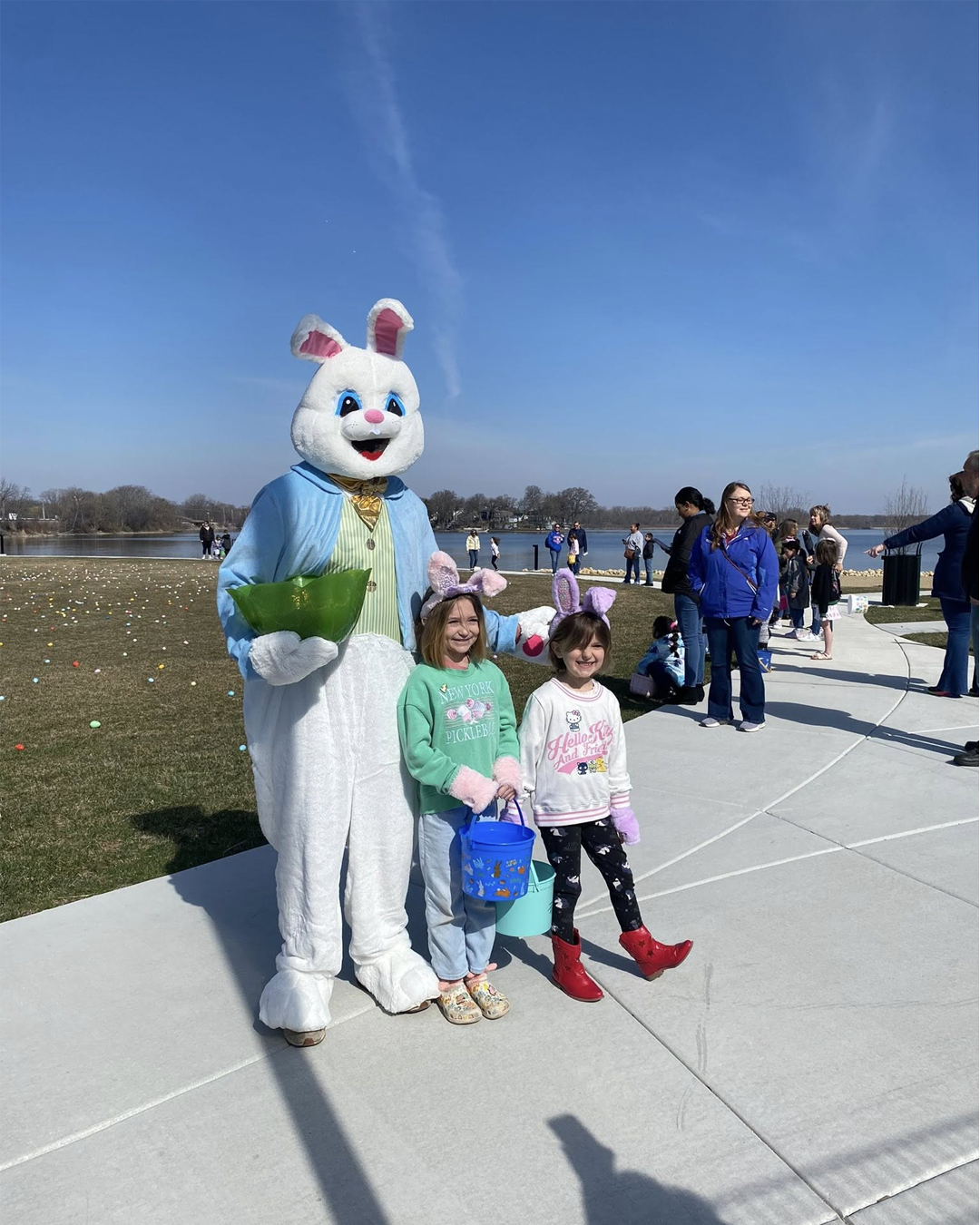 Two kids with the Easter Bunny at Lakefront Park in Fox Lake