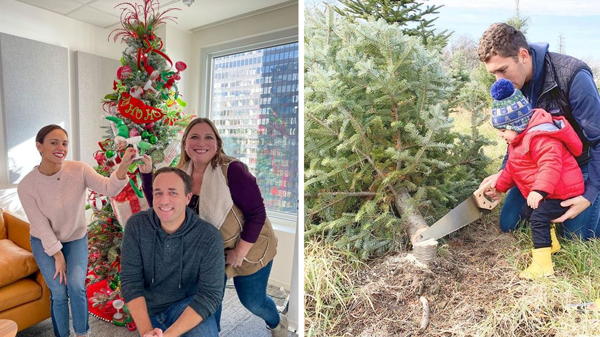 Family with Christmas Tree and Father and Son Cutting Down a Christmas Tree