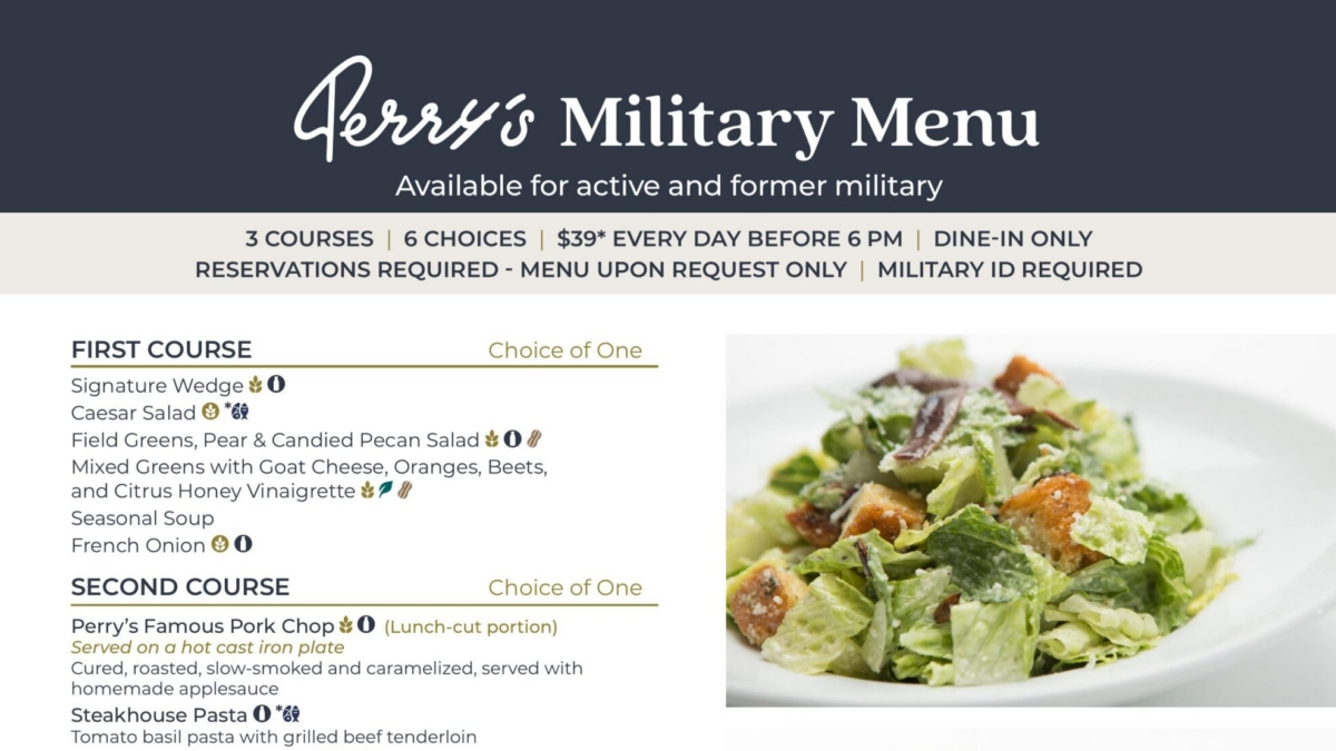 Perry's Military Menu: 3 courses, 6 choices