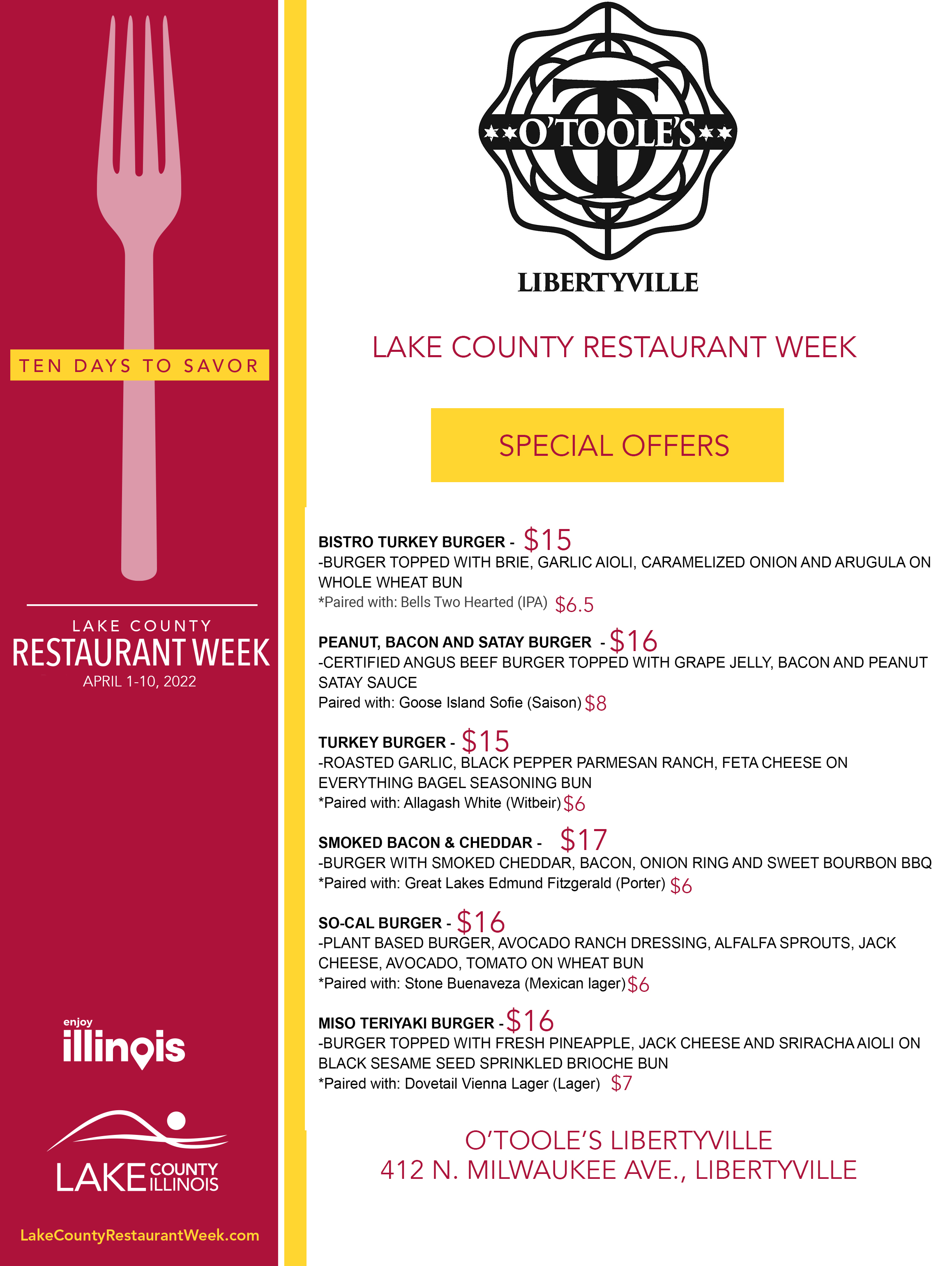 O'Toole's Libertyville Lake County Restaurant Week 2022 Menu